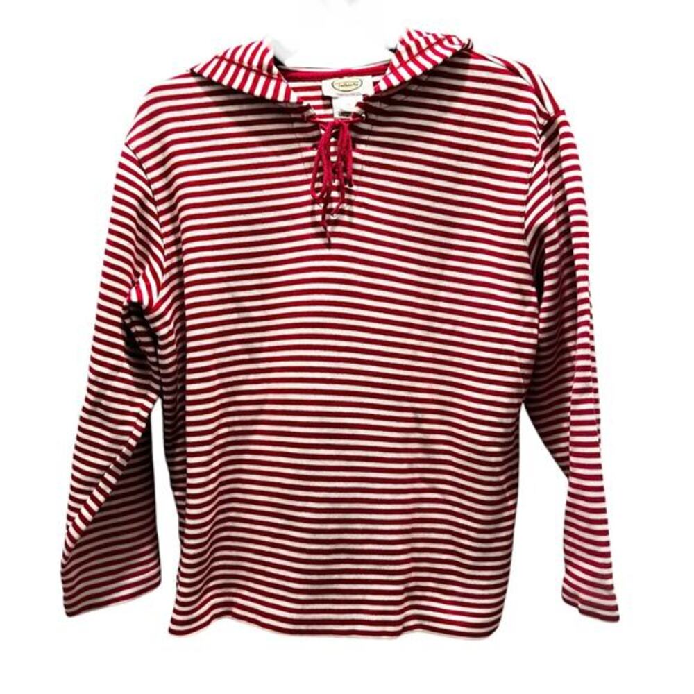 TALBOTS Red Stripe Nautical Skipper Coastal Hooded Crop Laceup Top NWOT Size M